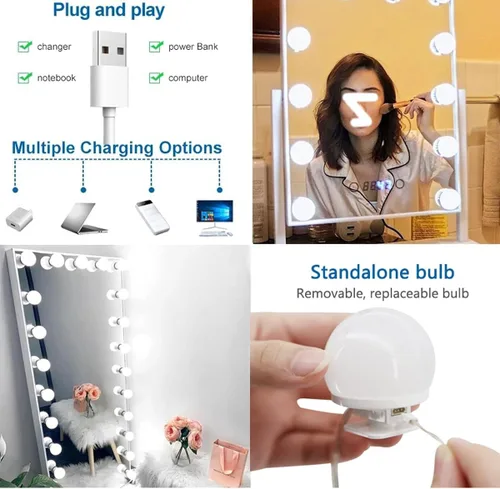 Miniatura 8 de Luces de espejo regulables, luces LED estilo Hollywood con 10 bombillas, luces de tocador alimentadas por USB para espejo, tocador, dormitorio