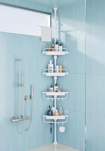 XLHOMO Organizador de Ducha de Esquina con Barra de Tensión de 32 a 122 pulgadas, Todo Blanco, Estantes de Ducha Inoxidables Sin Taladro para Baño,