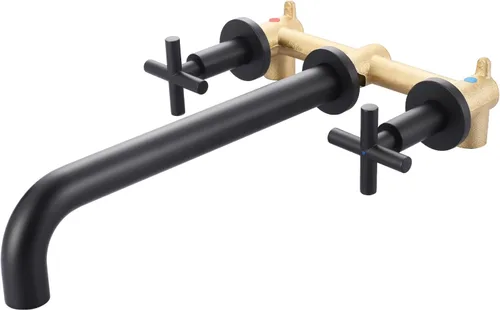 ARCORA - Llenador de bañera de montaje en pared, negro mate, grifo de bañera de largo alcance, 2 asas cruzadas, grifo de bañera montado en la pared