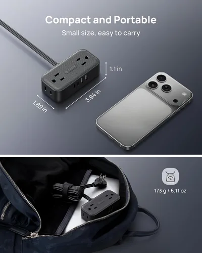 Miniatura 3 de TROND Regleta de alimentación de enchufe plano de 3 pies, cable de extensión plano pequeño con múltiples tomas, 4 puertos de CA y 4 puertos USB