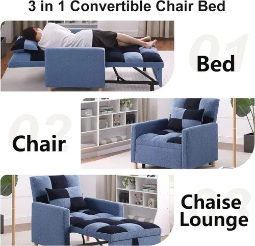Miniatura 4 de Sofá cama convertible 3 en 1, silla reclinable de tela de terciopelo para interiores con respaldo ajustable y almohada para adultos, sofá extraíble