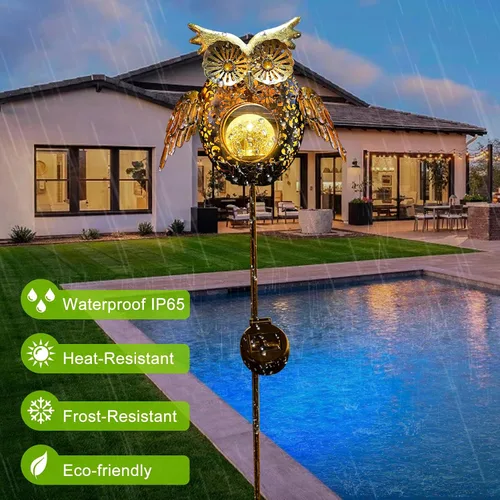 Miniatura 4 de Go2garden - Luces solares para exteriores, estacas metálicas decorativas con diseño de búho, pez, tortuga, luces de cristal craquelado para césped