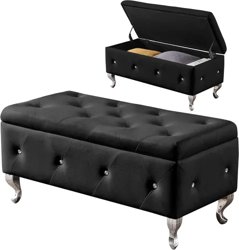 Miniatura 8 de mikibama Banco otomano de piel sintética para dormitorio, banco otomano de almacenamiento con botones de cristal con asiento y patas de metal Blanco