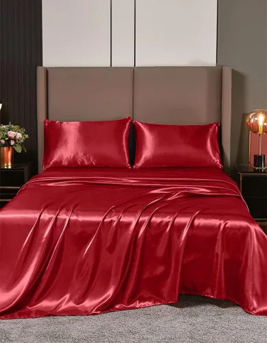 Miniatura 26 de Juego de sábanas de satén de seda de 4 piezas Sábana bajera Sábana encimera Funda de almohada Calidad de hotel sedoso suave y lujoso