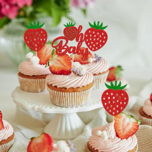 Miniatura 5 de 24 piezas de decoración de cupcakes con purpurina de fresa Oh Baby con temática de frutas, baby shower, para revelación de género, baby shower, D