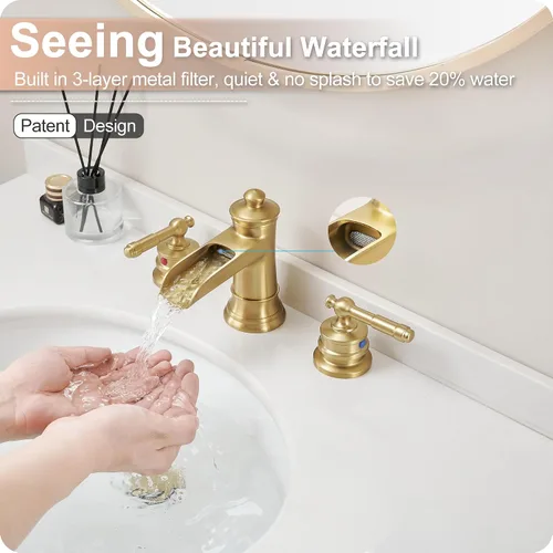 Miniatura 2 de Grifo de Baño Dorado Cascada, Grifos de Baño de Latón de 4-16 Pulgadas 3 Agujeros, Extendido 2 Manijas con Manguera de Agua Preinstalada y Desagüe