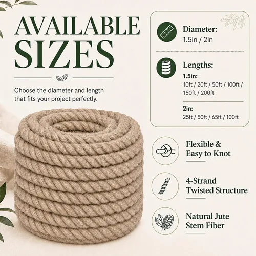 Miniatura 2 de Twisted Manila - Cuerda de yute natural (1.5 pulgadas x 10 pies), cuerda de cáñamo gruesa para muelles, barandillas, escalada de árboles, decoración