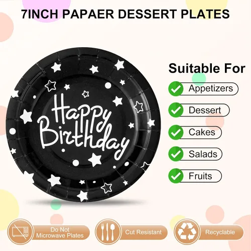 Miniatura 2 de Platos de papel de fiesta de feliz cumpleaños, platos de postre negros, 7 pulgadas, 50 unidades, lunares de aluminio para decoraciones de fiesta