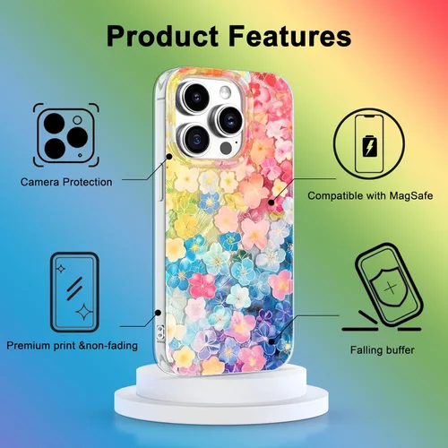 Miniatura 4 de I-MGAE-IN-AR Funda compacta para iPhone 13 Pro, diseño colorido de flores iridiscentes, protección de grado militar a prueba de golpes, funda