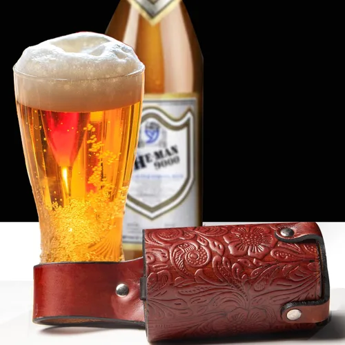 Miniatura 5 de Hulara Funda de cerveza de cuero pulido de grano completo para hombre, hebilla de cinturón de viaje de vaquero/al aire libre Cereza con lazo