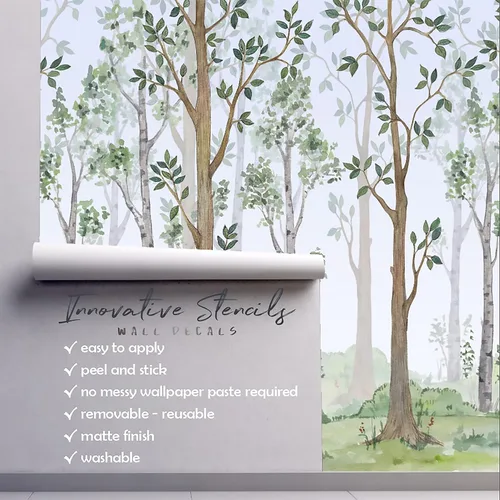 Miniatura 2 de Innovative Stencils Papel tapiz de acuarela para despegar y pegar, diseño de bosque de abedul, decoración de guardería, tela de bosque, extraíble