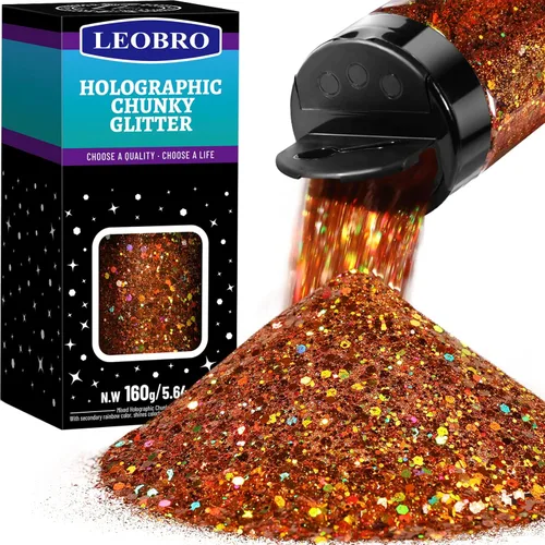 Miniatura 21 de LEOBRO - Purpurina dorada, 160g/5.64oz, purpurina holográfica gruesa para manualidades, resina, uñas, cuerpo, vasos, decoraciones de fiesta Láser Oro
