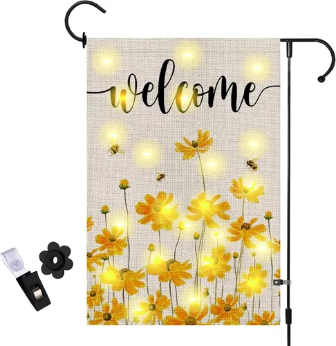 Bandera de jardín de bienvenida floral de primavera y verano con luces LED, 12 x 18 pulgadas, doble cara, vertical, arpillera, girasol, abeja,