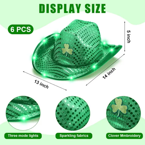 Miniatura 2 de Silicherry Paquete de 6 sombreros de vaquero de trébol de San Patricio con luz LED, sombrero de vaquera verde trébol, sombrero irlandés