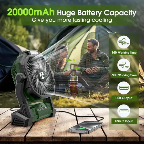 Miniatura 2 de Ventilador Portátil Recargable, 20000mAh Ventiladores Inalámbricos con Batería para Tienda de Campaña con Linterna LED, Pequeño Ventilador Exterior