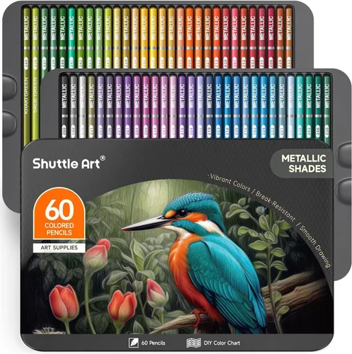 Shuttle Art 60 lápices de colores metálicos, lápices de colores para adultos para colorear, lápices de color de núcleo suave en caja de regalo de