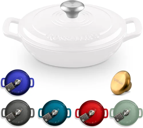 ROSSALLINI Brasera de Hierro Fundido Esmaltada Signature, Olla de Servir Antiadherente con Tapa de Cierre Hermético para Asado Perfecto, Horneado,
