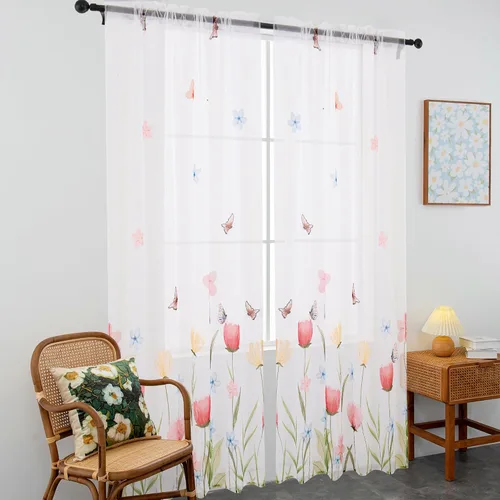Miniatura 5 de youleyar Cortinas traslúcidas florales para sala de estar, 2 paneles de 54 pulgadas de largo, cortinas semitransparentes blancas con estampado
