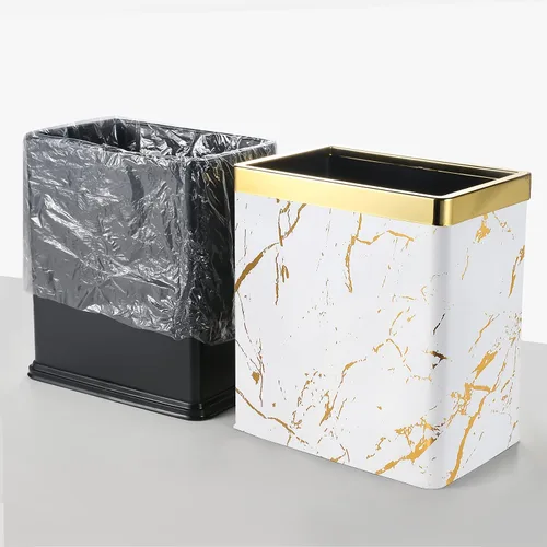 Miniatura 4 de Basurero pequeño de oficina para dormitorio, papelera rectangular delgada para baño, cocina, 2.6 galones (mármol blanco dorado)