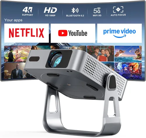 【Aplicación con licencia oficial y 1800 ANSI】Mini proyector inteligente con WiFi y Bluetooth, VISSPL Native 1080P Auto Focus y Keystone Proyector