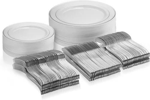 Juego de vajilla plateada de 125 piezas, 50 platos de plástico con borde plateado, 25 platos de cena, 25 platos de postre, 25 cuchillos, 25