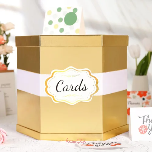 Miniatura 4 de ROSEGLD Caja de tarjetas, caja de recepción de tarjetas con cinta de 14 x 12 x 12 pulgadas, elegante soporte para tarjetas para bodas, graduaciones
