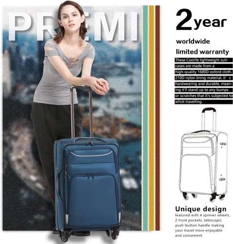 Miniatura 3 de Coolife Juego de equipaje de 3 piezas maleta Spinner Softshell ligero Azul y plateado