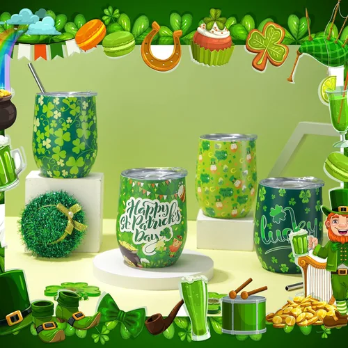Miniatura 6 de Zopeal 4 vasos de vino del Día de San Patricio, tazas de café de acero inoxidable de 12 onzas, regalos irlandeses para mujeres y hombres, vasos