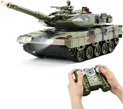 KAIM Tanque RC 1/24, tanque de control remoto para niños con humo, luces y sonidos, modelo de ejército Ger Leopard II de 2.4 GHz, juguetes militares