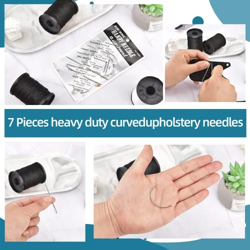 Miniatura 6 de Topus Kit de hilo de coser extra fuerte para reparación de tapicería y agujas de mano resistentes para el hogar, incluye 7 estilos de agujas