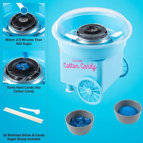Miniatura 4 de Mini máquina de algodón de azúcar para encimera con cuchara de azúcar y 10 palitos para servir, máquina para hacer dulces en el hogar, carnaval, Azul