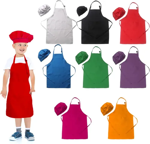 Toal - Juego de 8 delantales y sombrero de chef, delantales de cocina para niños, coloridos delantales ajustables con 2 bolsillos para niñas, niños,