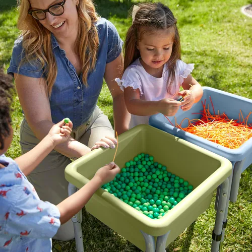 Miniatura 7 de ECR4Kids Mesa de juego ajustable de arena y agua de 2 estaciones, con recipientes sensoriales, Verde helecho/Azul polvoriento