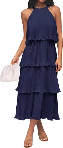 Zesica Vestido de verano sin mangas, con cuello halter y volantes escalonados, de gasa, con vuelo, largo por debajo de la rodilla