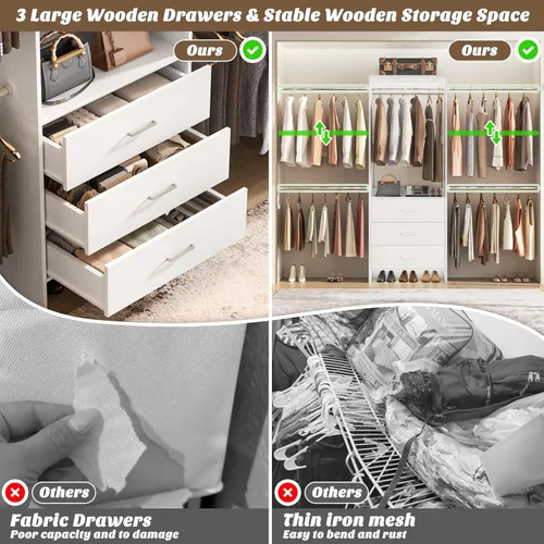 Miniatura 4 de Aheaplus Sistema de Armario, Organizador de Armario con 3 Cajones de Madera, Sistema Organizador de Armario, Armario Walk-in con Perchero para Ropa