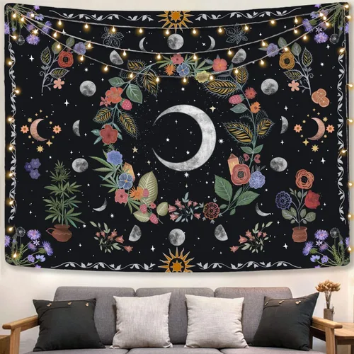 Miniatura 11 de Kanuyee Tapiz Floral de Luna Tapiz de Flores para Dormitorio Tapices Bohemios para Colgar en la Pared Estético para Dormitorio y Sala de Estar Luna
