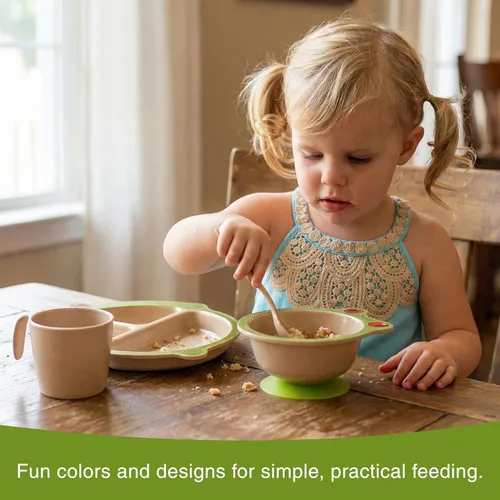 Miniatura 6 de Refresh-A-Baby Juego de alimentación ecológico de cáscara de arroz para niños, 4 piezas, incluye plato dividido, ventosa, cuchara, taza, sin BPA