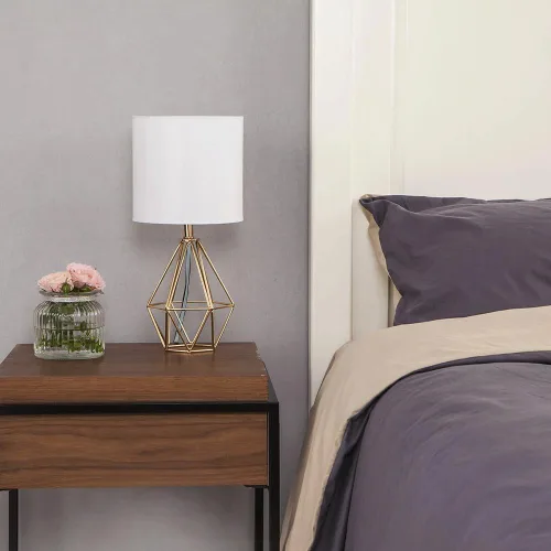 Miniatura 5 de Lámpara de mesa pequeña dorada con base hueca moderna para dormitorio, mesita de noche con base geométrica de metal, pantalla de tela blanca, bonita
