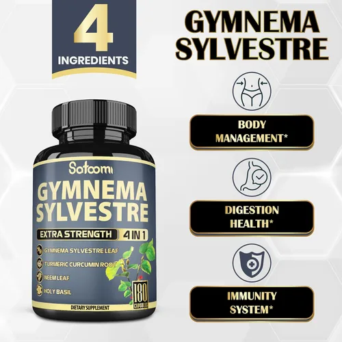 Miniatura 3 de Satoomi Pure Gymnema Sylvestre Cápsulas Extracto - 180 cápsulas de 6 meses - Mezclado con hoja de neem, albahaca sagrada y raíz de curcumina