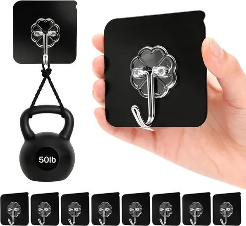 DDMY Ganchos adhesivos resistentes para colgar 50 libras (máx.), ganchos de pared negros con fuerte adherencia, gancho extraíble sin daños,