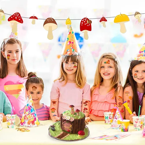 Miniatura 7 de (144 unidades) Calcomanías de tatuajes temporales de hongos para fiesta de hongos, suministros de decoración de fiesta de cumpleaños, regalos