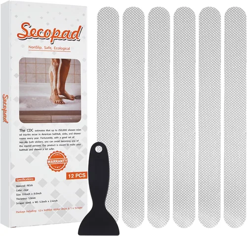 Miniatura 13 de Secopad Calcomanías de ducha antideslizantes originales para bañera y ducha, tiras de seguridad adhesivas fuertes con raspador, ideal para familias