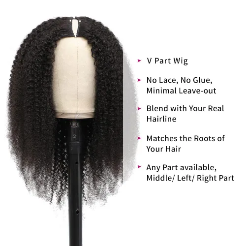 Miniatura 5 de Peluca de cabello humano rizado rizado con parte en V para mujeres negras, en forma de V, sin dejar fuera, sin pegamento, 14 pulgadas