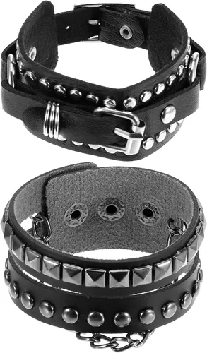 Apausvcm 2 pulseras de piel sintética para hombres y mujeres, estilo vintage de los años 80, pulsera gótica ajustable negra con tachuelas,