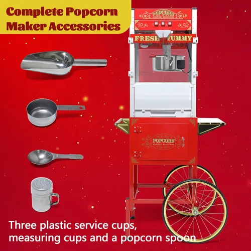Miniatura 5 de Máquina de palomitas de maíz vintage con carrito, carrito de palomitas de maíz de 20 onzas, máquina de palomitas de maíz con gabinete de Rojo
