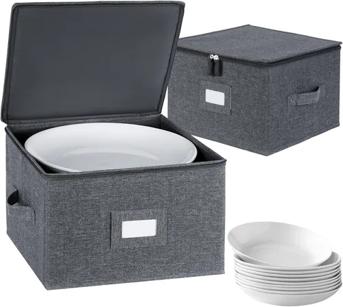Miniatura 8 de popoly Paquete de 2 cajas de almacenamiento para platillos de 7", contenedor de almacenamiento de vajilla con 24 divisores de fieltro para cuencos