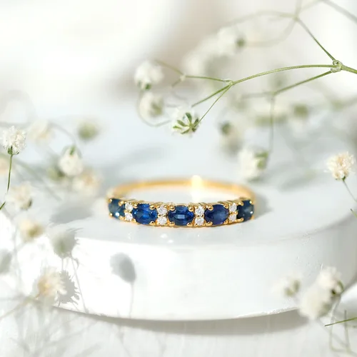Miniatura 14 de Natural Blue Sapphire Diamond Wedding Band, AAA Quality, Blue Sapphire East West Ring For Women - Ideal For Gift