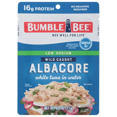 Miniatura 13 de Bumble Bee - Atún blanco de aleta Albacore en agua en sobres de 71 g - Paquete de atún capturado de forma salvaje listo para comer - 16 g