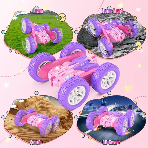 Miniatura 5 de Jimdella - Coches a control remoto para niñas, auto de acrobacias RC de 2.4GHz con giros de 360° y conducción de doble cara, ruedas intercambiables