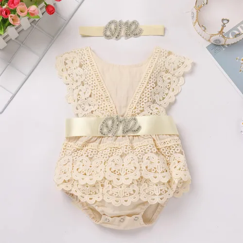 Miniatura 2 de IMEKIS Conjunto de mameluco de encaje bohemio para bebé recién nacido para primer cumpleaños + diadema + cinturón de banda
